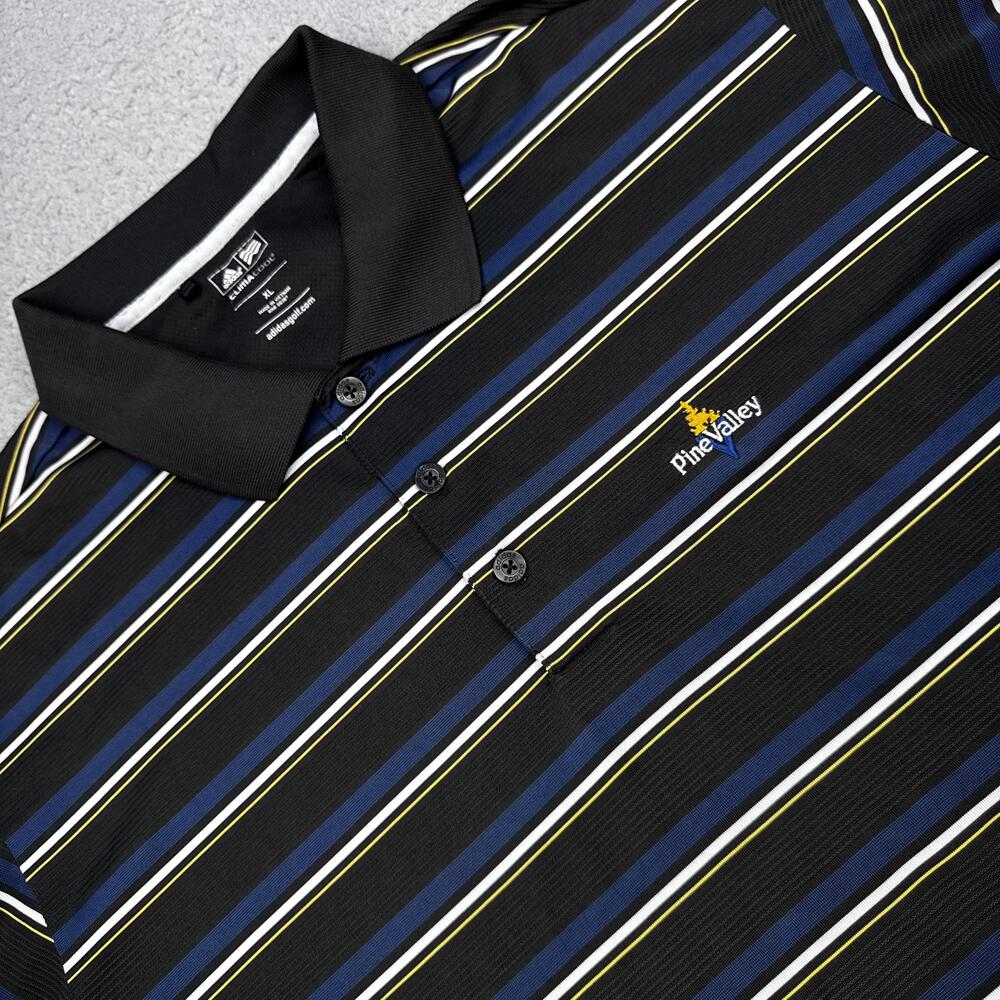 Adidas Polo Shirt Mens XL Black Blue Striped Pine Valley Golf ClimaCool Logo